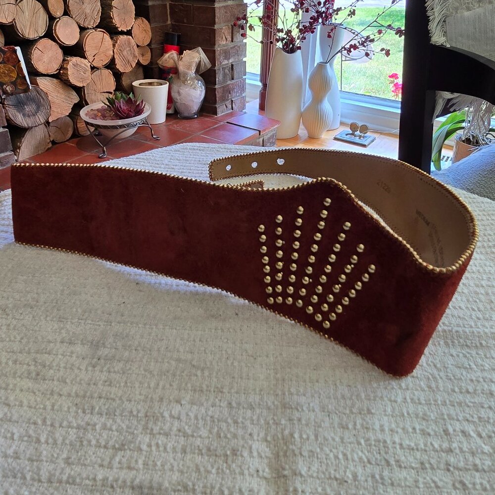 Emmanuel - Vintage Suede Maroon Belt w/ Gold Ball Edging & Crown/Sunburst Design